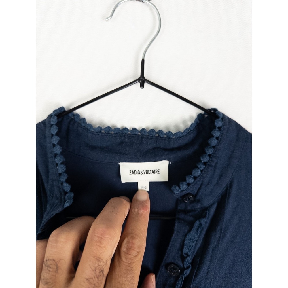 Zadig & Voltaire Dress Womens 14 S Navy Fit and Flare Ruffle Pom Pom Cotton - Picture 6 of 7